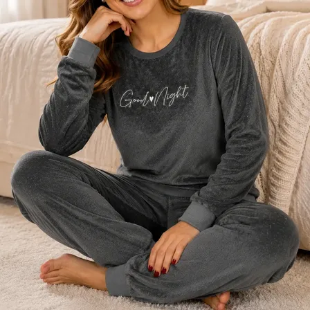 Pijama Feminino Adulto Fleece Longo Bordado Inverno Premium Cinza Chumbo Good Night G