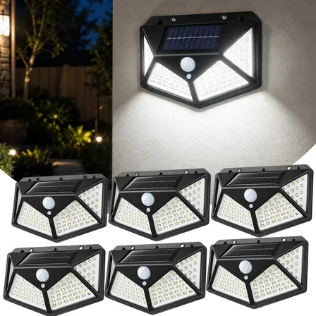 Kit 6 Luminária Solar 100 Leds A Prova D'água Parede Externa 127/220v Preto