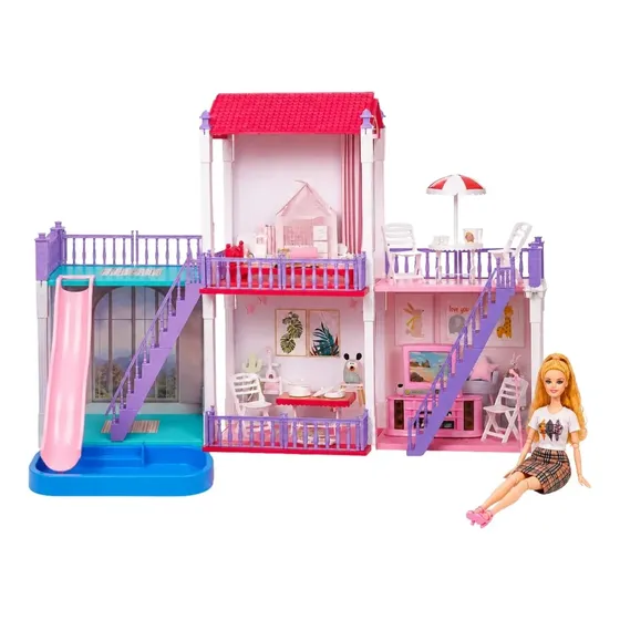 Casinha Boneca 3 E 2 Andares Móveis Cômodos Grande Maxi Toys Pink 150 Peças