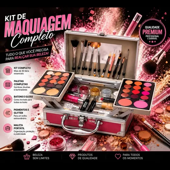 Kit Maleta De Maquiagem Batom Base Pincéis