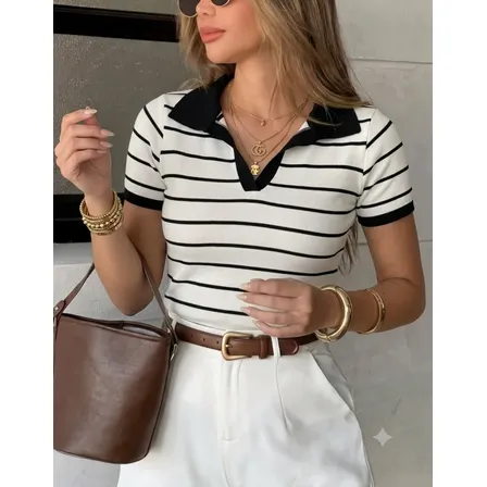 Blusa Feminina Manga Curta Polo Listrada Elegante Moda Verão Off/preto Listras Único