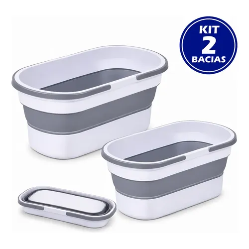 Kit 2 Bacias Retrátil Dobrável Balde Cesto Silicone Multiuso Cinza-escuro
