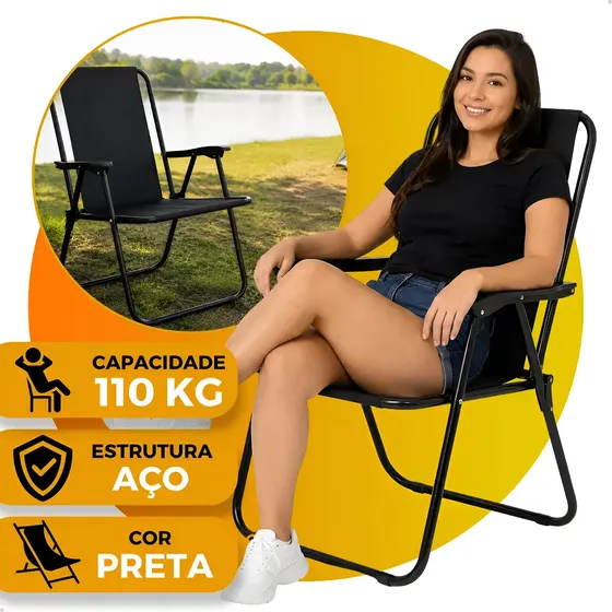 Cadeira De Praia Camping Dobrável Alta 110kg Aço Portátil Preto