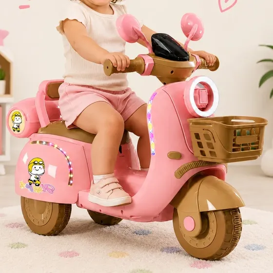 Moto Elétrica Infantil Scooter Retrô Com Led Baú E Cestinha