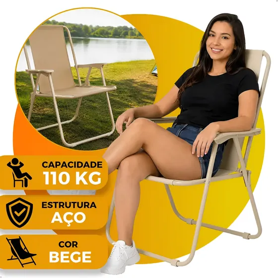 Cadeira De Praia Camping Dobrável Alta 110kg Aço Portátil