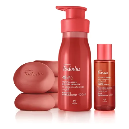 Kit Tododia Morango E Baunilha Dourada: 1 Creme Corporal 400ml + 1 Óleo Bifásico 120ml + 1 Caixa Com 5 Sabonetes 90g