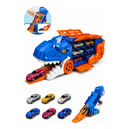 Caminhão Dinossauro 2 Em 1 Com Pista E 6 Carrinhos Azul