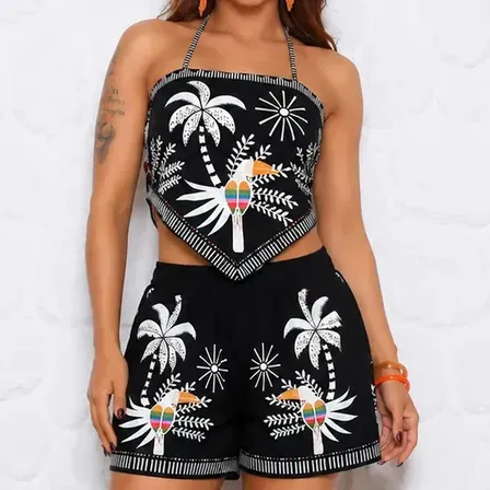 Conjunto Feminino Estampado Tropical Short E Cropped Verão Tucano Preto Único (36 Ao 42)