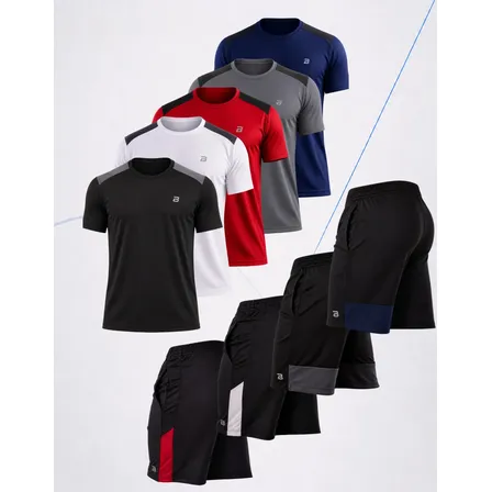 Kit 9 Peças Camisetas Premium Raglan Shorts Dry Fit Academia Multicolorido Gg