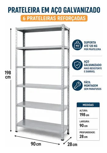 Prateleira Estante Aço Galvanizado 6 Bandejas 1,98x90x28cm