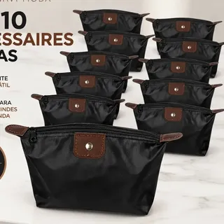 Kit 10 Necessaire Bolsa Organizadora Maquiagem Viagem Make Preto Lisa