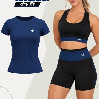 Kit Conjunto Fitness Feminino Academia E Camiseta Dry Fit Azul Gg