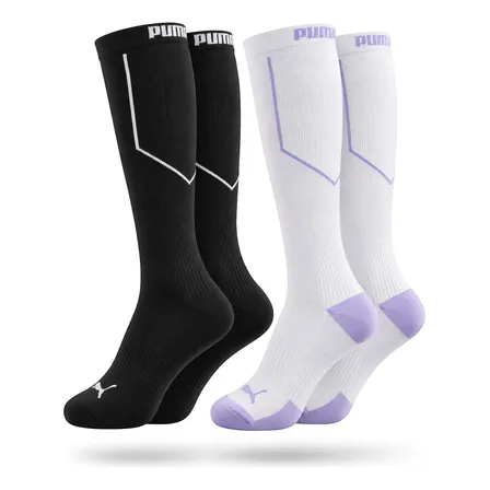 Kit 2 Meias Puma Esportiva Cano Longo Compressão Original Branco Lavanda / Preto Branco Listras 34 - 39