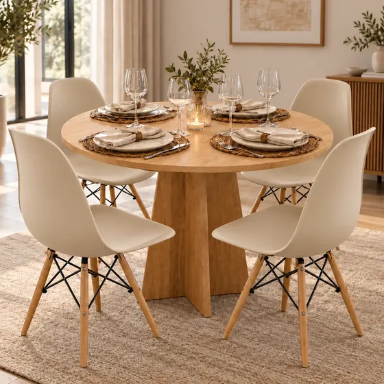 Kit Sala De Jantar Mesa Circular Tampo Mdf Com 4 Cadeiras