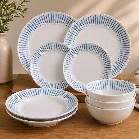 Jogo Aparelho De Jantar 16 Peças Branco Opalino Prato E Bowl Branco Listras Azuis