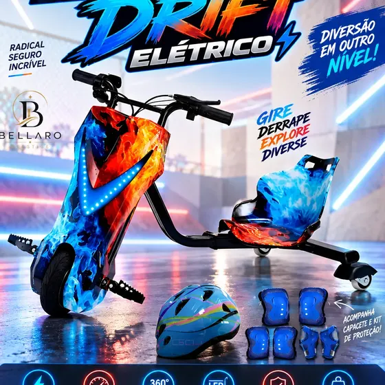 Patinete Triciclo Infantil Drift Elétrico Brinquedo 100kg Azul