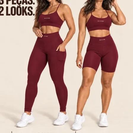 Kit Fitness Feminino: Calça Legging + Top + Shorts Cós Alto Bordô Liso M