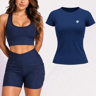 Kit Conjunto Feminino Roupa Academia + Camiseta Dry Fit Azul-marinho M