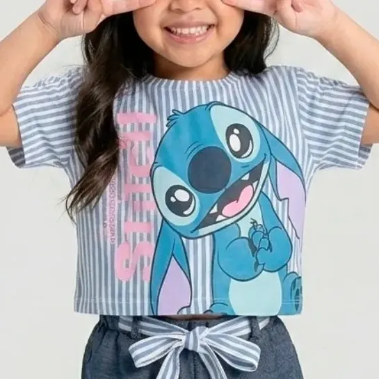 Conjunto Infantil Menina Stitch Blusa Shorts Cinto Listrado