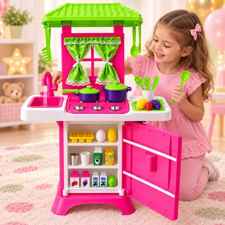 Cozinha Infantil Menina Completa Fogão Geladeira Pia Saiágua Rosa