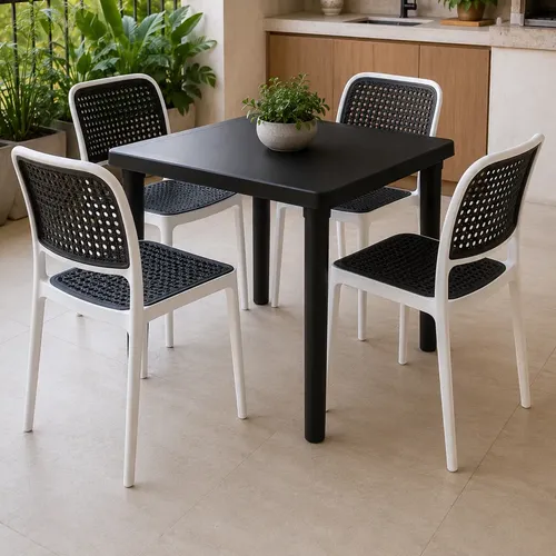 Kit 4 Cadeiras De Polipropileno Com Tela Rattan Redinha Branco Preto