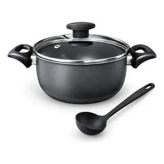 Caçarola 24cm Antiaderente 4,5l Tampa De Vidro Com Concha Preto