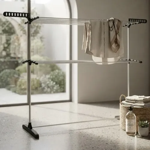 Varal Chão Portátil 100 Cm Pés Dobrável Alumínio 2 Andares Natural