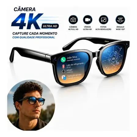 Óculos Inteligente Câmera Ai 4k Full Hd Tradução Bluetooth