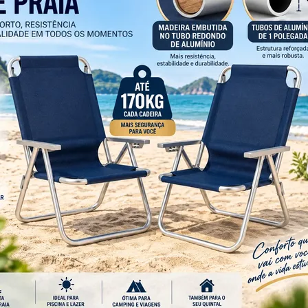 Kit 2 Cadeiras Praia Alta Reforçada Alumínio Suporta 170kg 2 Azul Marinho
