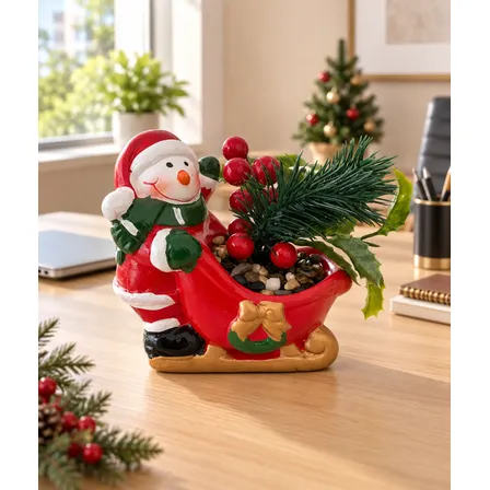 Boneco De Neve No Trenó Cerâmica Arranjo Mesa Enfeite Natal Vermelho Não Aplicável