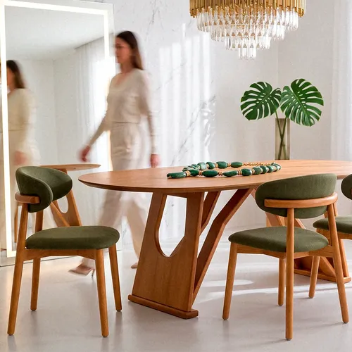 Cadeira De Jantar Madeira Jequitibá Luxo No Linho 2 Unidades Liso Mel Verde-musgo