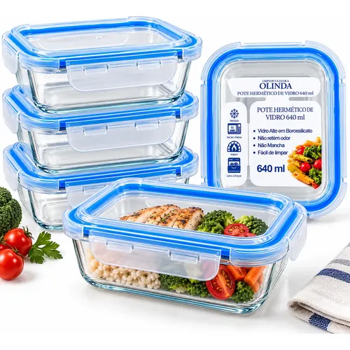 Kit 4 Potes Herméticos 640ml Vidro Marmita Microondas Forno Vidro Transparente