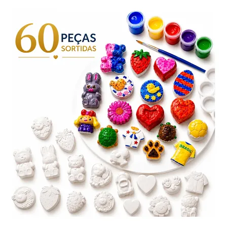 Kit 60 Pçs Pintura Gesso Variada Crianças Guache Pincel Godê Branco