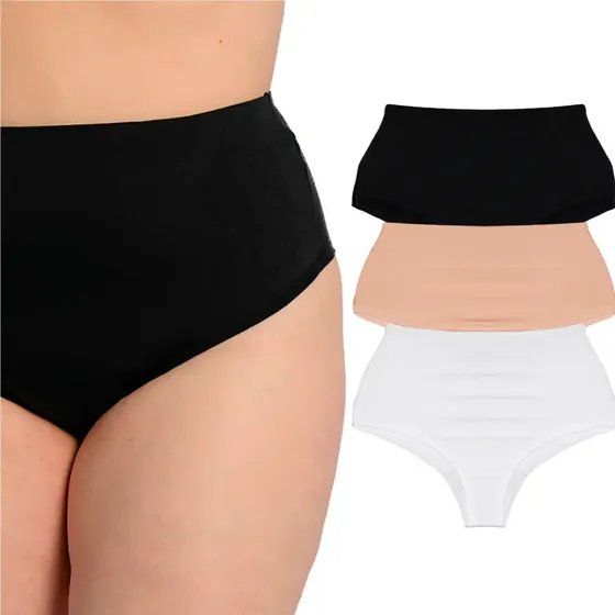 Kit 3 Calcinhas Plus Size Cós Alto Fio Duplo Lingerie