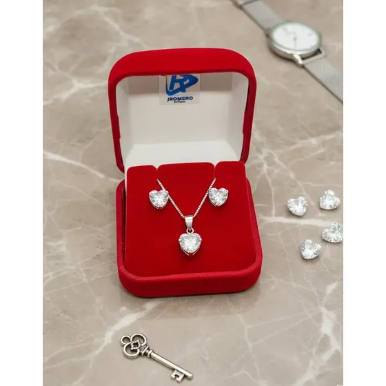 Kit Corrente Colar Prata 925 Ponto De Luz Coração + Brincos