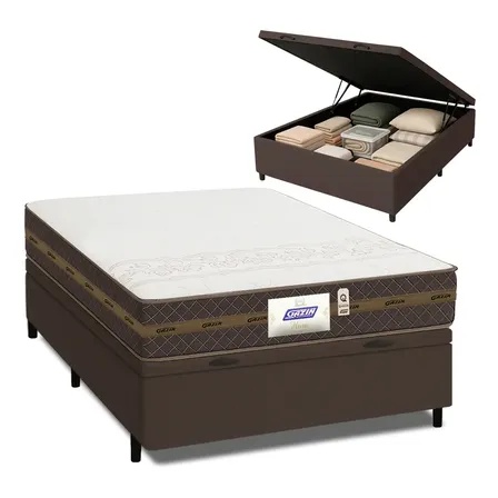 Cama Box Casal Baú Colchão Molas Flora Marrom / Branco