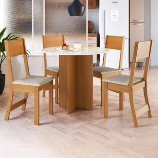 Conjunto Sala de Jantar Mesa Fidelitá Espanha 90cm Com 4 Cadeiras Freijó/Off-White Assento Linho