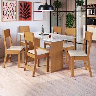 Conjunto Sala de Jantar Mesa Tampo de Madeira Fidelitá Siena Com 6 Cadeiras Freijó/Off-White/Linho