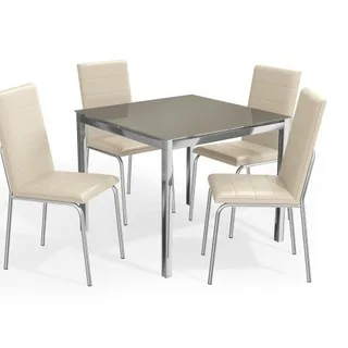 Kit Conjunto Mesa Quadrada 4 Cadeiras 90 x 90 cm Sala de Jantar Cozinha Vidro Metal Cromado Nude