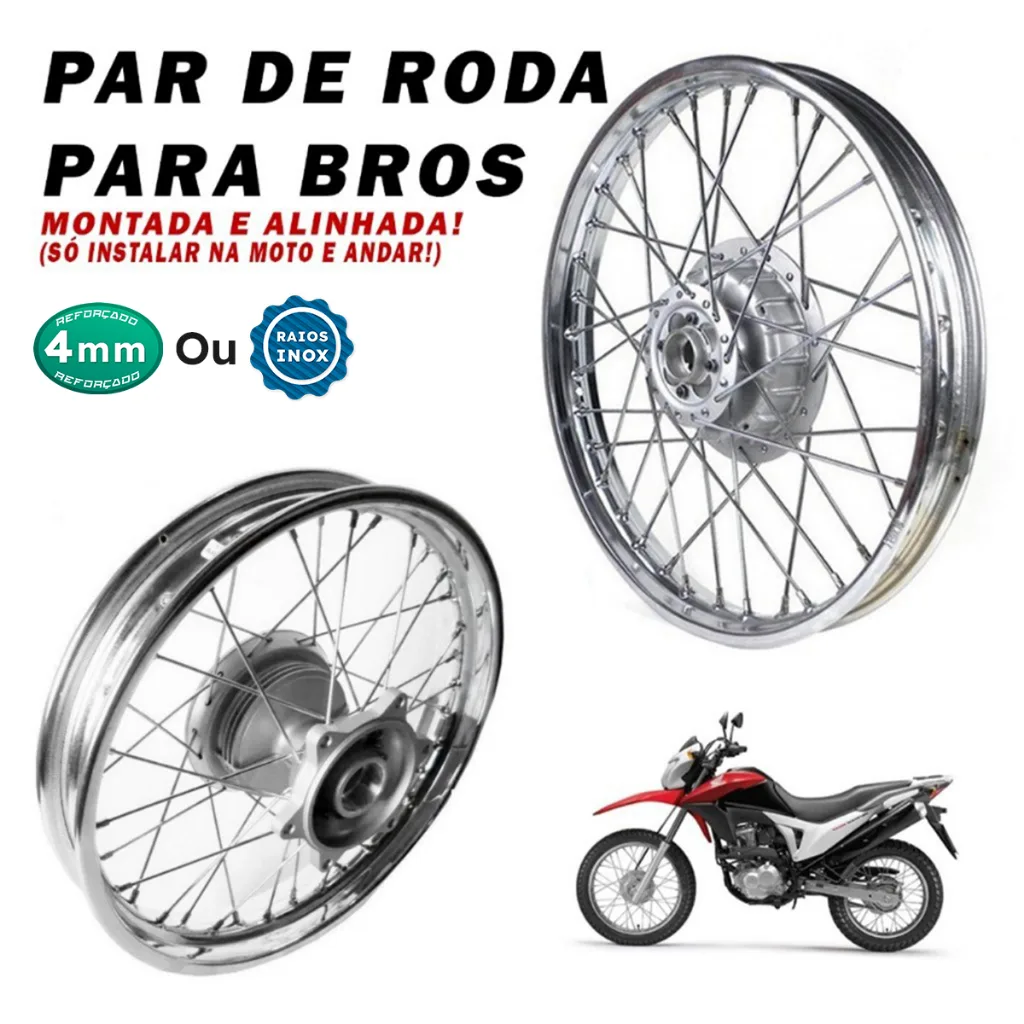 Jogo Roda Jante Calha Raiada Raio 4mm ou Inox Tambor Bros125/150 Ks Montada e Alinhada (Só instalar)