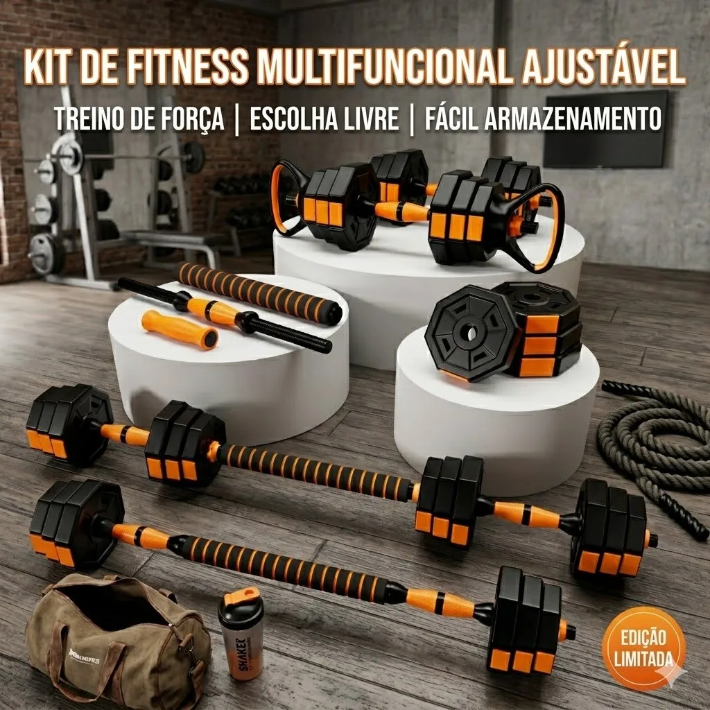 Kit 6 Em 1 Musculação 10kg /15kg Halteres Anilhas Barras Kettlebell Ajustáveis Academia Treino em Casa