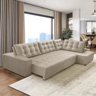 Sofá de Canto Retrátil e Reclinável com Molas 3,00x2,00 Jacke Suede Bege Adonai Estofados