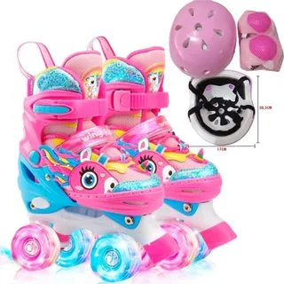 Patins Infantil 4 Rodas 2026 Novo Ajustável Patins Meninas Com Led + Proteção Com Freio