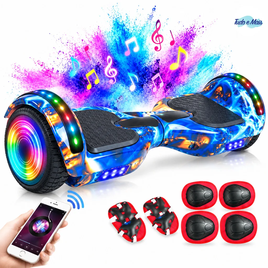 Hoverboard Infantil 6.5" - Skate Elétrico com LED Inteligente Bluetooth e Bateria Forte