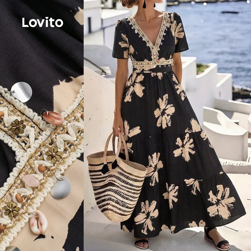 Lovito Vestido Boho com Padrão de Borla para Primavera/verão Feminino DRBR37BR055