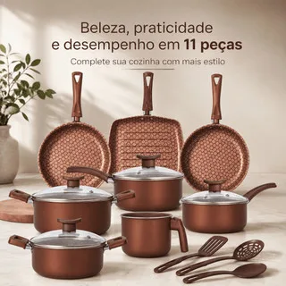 Jogo de Panelas Antiaderente 11 Peças com Chapa Grill - Com Tampas de Vidro e Utensílios, Cabos Térmicos