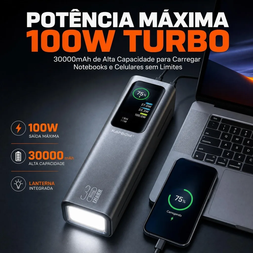 Power Bank 100W Turbo 30000mAh Carregador Portátil Rápido Display Digital USB-C Com Lanterna