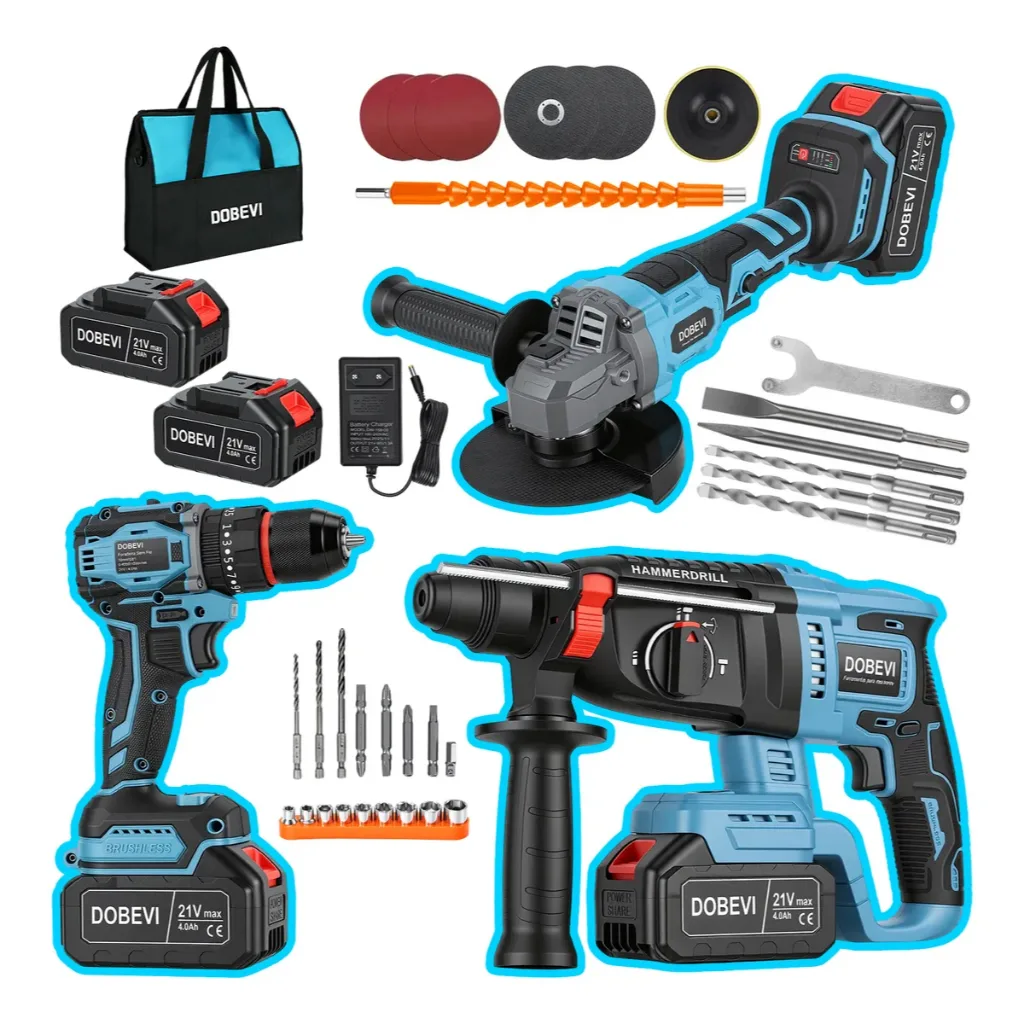 Kit 3 em 1 Ferramentas Elétricas Profissional com Bateria Dobevi – Furadeira, Esmerilhadeira e Parafusadeira de Impacto