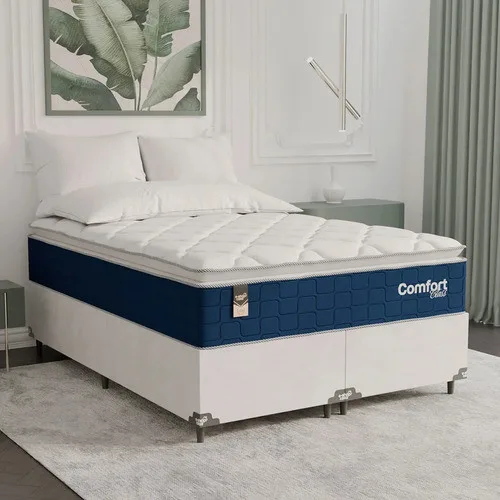 Cama Box Casal Bipartido + Colchão Comfort Class Pillow Top  Azul/suede Branco