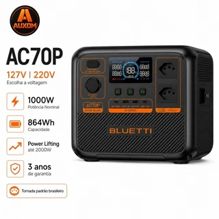 Estação de Energia Portátil BLUETTI AC70P 1000W 864Wh LiFePO4 127V/220V UPS Gerador Solar